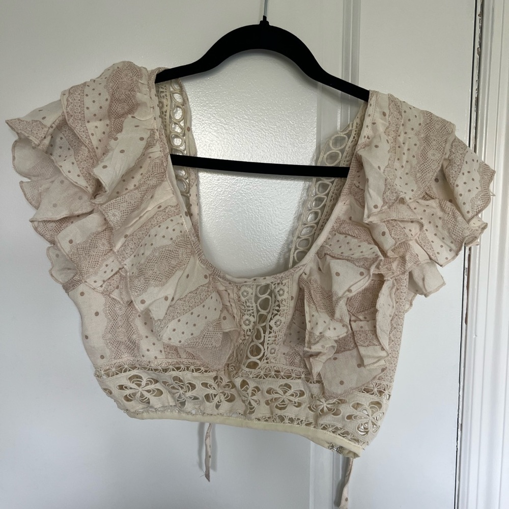 Olivaceous Cream Lace Ruffle Blouse